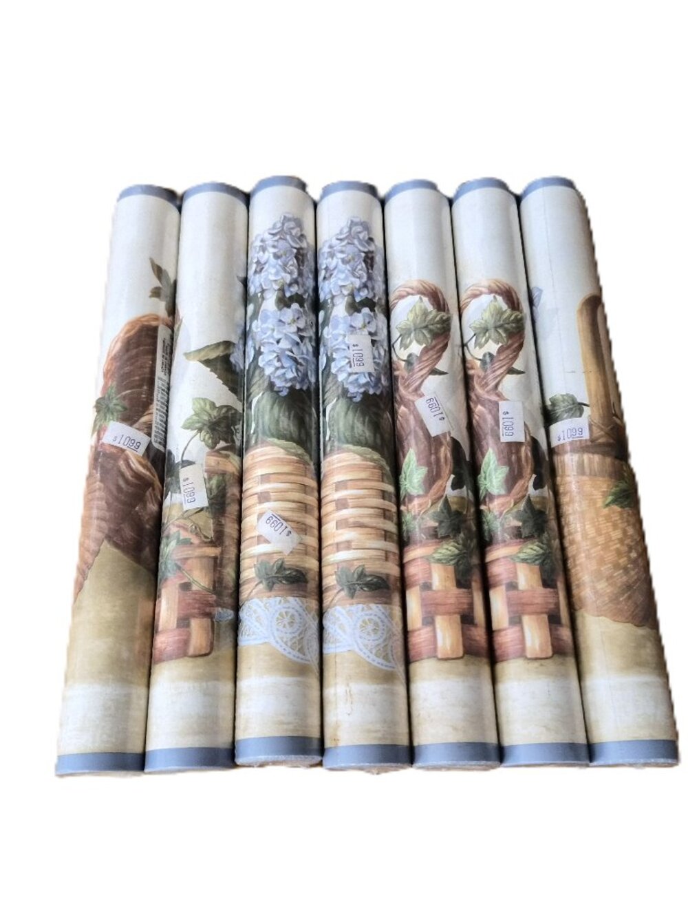 VTG Wallpaper Border 7 Rolls Wicker Basket&Blue Flowers Grandmillennial Cottage